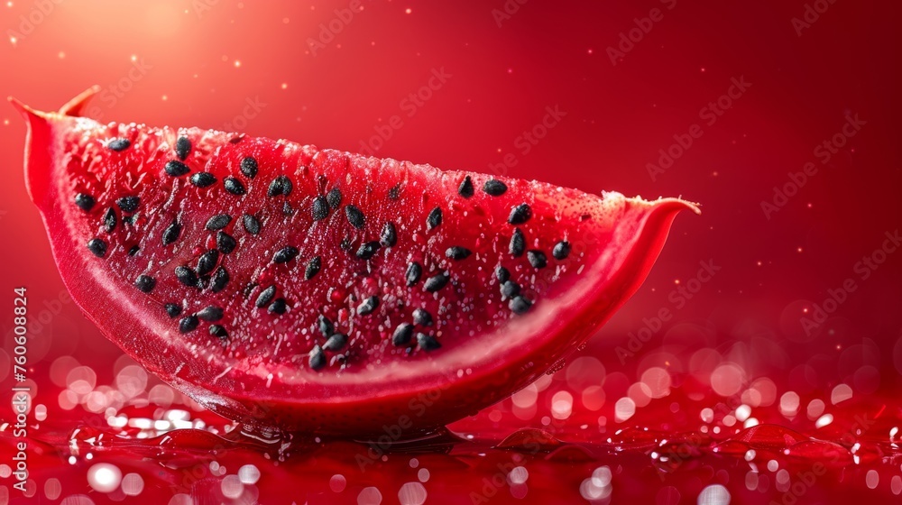 Sticker  a close up of a watermelon slice on a red surface with drops of water on the top of it.