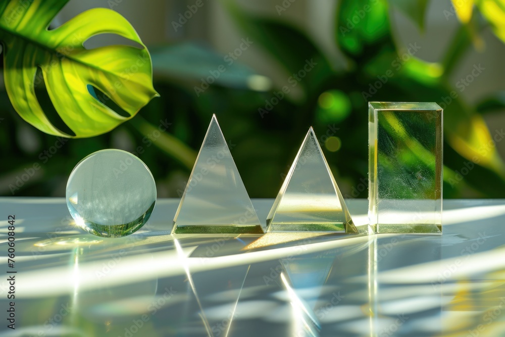 Poster glass objects displayed on a table, suitable for various concepts
