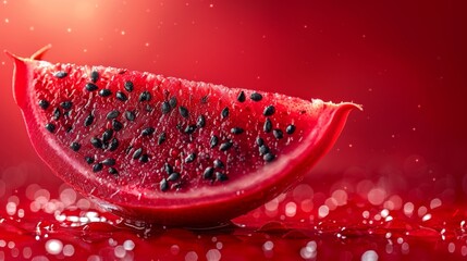  a close up of a watermelon slice on a red surface with drops of water on the top of it.