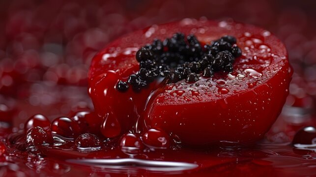  a close up of a red fruit with drops of water on the top of it and a black piece of fruit in the middle of the image.