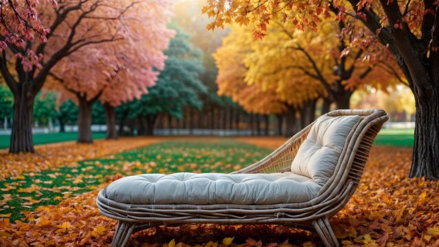 A white couch on a field covered in fall leaves.