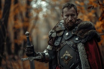 King Arthur in medieval armor stands with sword amidst an autumn forest