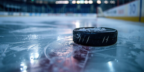 Frozen solitude An ice hockey puck rests on the icy surface of an empty hockey rink under the dim lights - obrazy, fototapety, plakaty