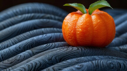  a close up of an orange with a leaf on it's top of a piece of cloth with a pattern on it. - obrazy, fototapety, plakaty