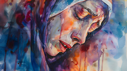 Depict the sorrow of Mary, the mother of Jesus, as she watches her son on the cross, tears streaming down her face, in a tender and emotive watercolor composition. - obrazy, fototapety, plakaty
