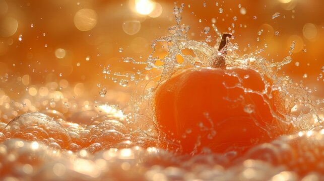  a close up of an orange with water splashing off of it's top and on it's side.