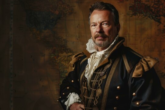 Portrait of an explorer in vintage historical costume against a map, evoking adventure and discovery