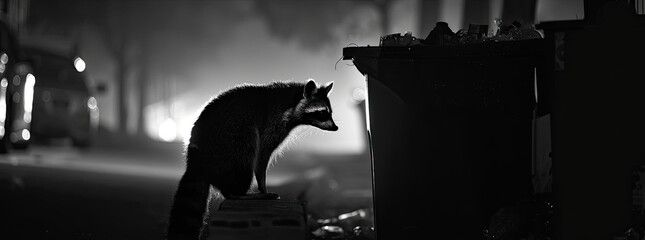 Raccoon, masked bandit, scavenging through city trash bins, foggy night, photography, Silhouette lighting, Vignette