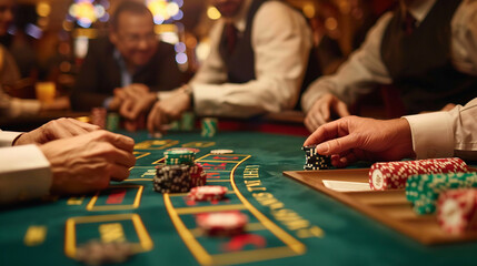 A charismatic croupier dealing cards at a blackjack table with players eagerly awaiting their hand - obrazy, fototapety, plakaty
