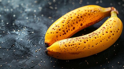  a couple of ripe bananas sitting on top of a black table covered in drops of water on top of a black surface.