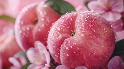  a close up of a bunch of apples with drops of water on them and some pink flowers in the background.