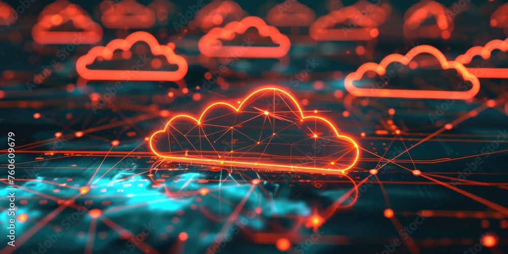 Poster a glowing cloud surrounded by interconnected lines. suitable for technology concepts