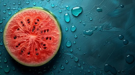  a watermelon cut in half sitting on top of a blue surface with drops of water on the surface.