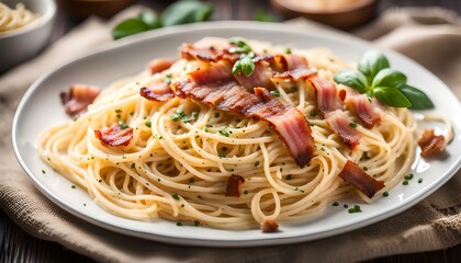 Spaghetti with carbonara sauce and bacon

