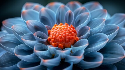  a close up of a blue flower with orange stamens and stamens on the center of the flower.