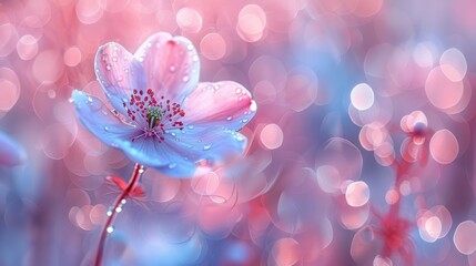  a close up of a pink flower with drops of water on it and a blurry background of blue and pink.