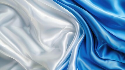 Fototapeta premium Abstract blue white luxury fabric wave background with copy space. Smooth liquid wave. Elegant shiny silk satin texture. Suit for wallpaper, cover, header, desktop, web, flyer.