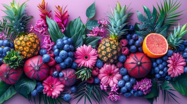  a variety of fruits and flowers on a pink background with a pineapple, orange, grapefruit, and blueberries.