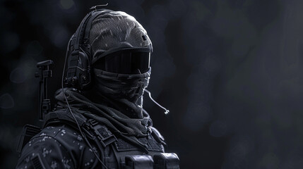Special forces in parametric knitted tactical gear. The face is not shown and from the side view. - obrazy, fototapety, plakaty