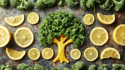  a bunch of lemons, broccoli, and lemon slices arranged in the shape of a tree on a table. - obrazy, fototapety, plakaty