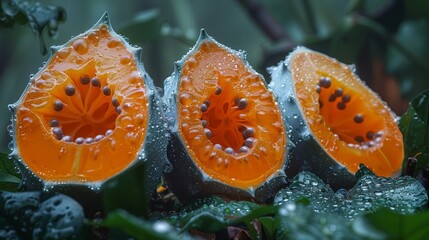  a close up of a fruit with water droplets on it's petals and a green leaf in the background.