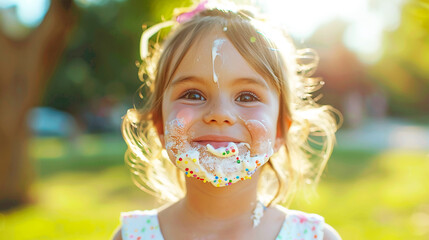 A close-up of a little girl with a big smile her face partially covered in ice cream