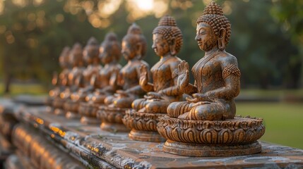  a row of buddha statues sitting next to each other on a stone bench in front of a grassy area with trees in the background.