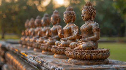 Foto op Canvas  a row of buddha statues sitting next to each other on a stone bench in front of a grassy area with trees in the background. © Jevjenijs