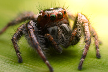 Spiders jumping on leaves. Captured with a close-up macro, the details of the little spider are displayed.
