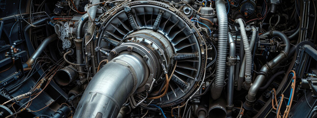 Jet engine components, intricate details of turbines and compressors, surrounded by a network of pipes and wires