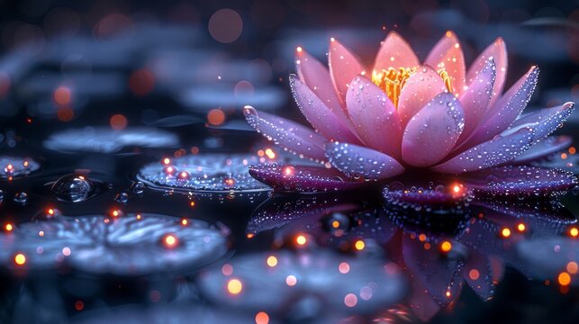  a pink flower sitting on top of a body of water next to lily pads with water droplets floating on top of it.