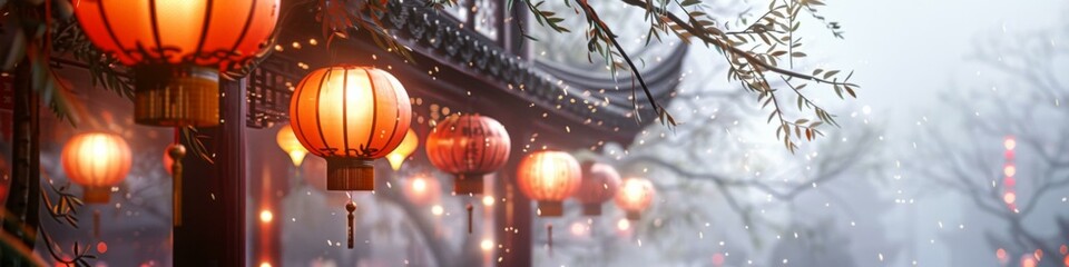 Traditional red Chinese lanterns glow during a snowy festival decoration celebration