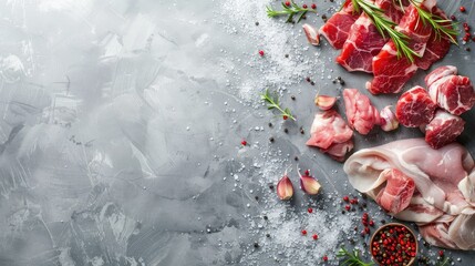 Assortment of raw meats on grey background. Panorama, banner with copy space