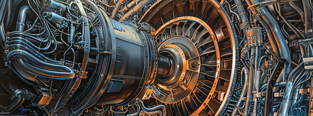 Jet engine components, intricate details of turbines and compressors, surrounded by a network of pipes and wires