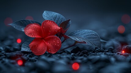  a red flower sitting on top of a pile of rocks next to a green plant with red lights in the background.