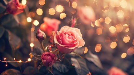Beautiful Pink Roses with lights.Vintage style photo and filtered process.