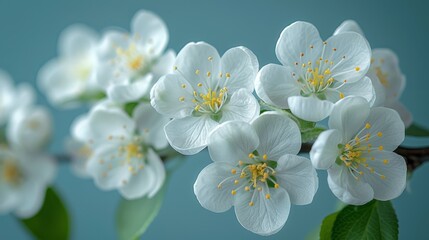  a group of white flowers on a branch with green leaves on a blue background with a blue sky in the background.