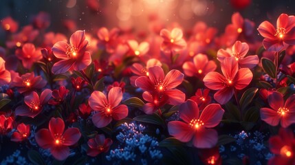 a close up of a bunch of flowers with a bright light in the middle of the picture in the background.