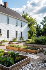 Fototapeta na wymiar A photo of the front view of an elegant white barn house with wooden raised beds editorial style garden, showcasing a lush vegetable and flower patch surrounded by wooden planters on both sides.