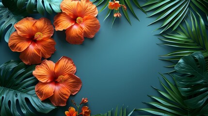 Fototapeta na wymiar a group of orange flowers sitting on top of a lush green palm leaf covered ground next to a blue wall.