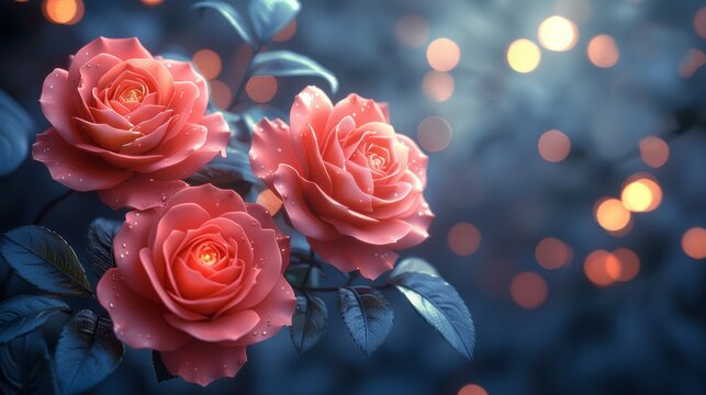  a close up of three pink roses on a blue background with boke of lights in the backround.