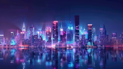 Fototapeta na wymiar Cityscape on dark blue background with bright glowing neon. Technology city background