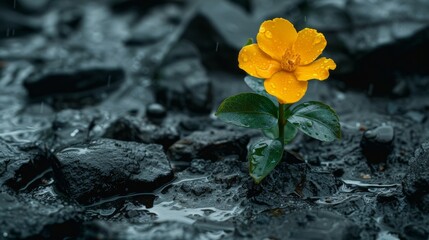  a yellow flower sitting in the middle of a puddle of water on top of a black rock covered forest floor.