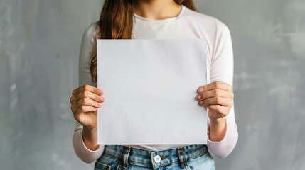 Close up women holding paper blank a4 size for letter paper on a grey background.