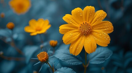  a close up of a yellow flower with water droplets on it's petals and green leaves in the background.