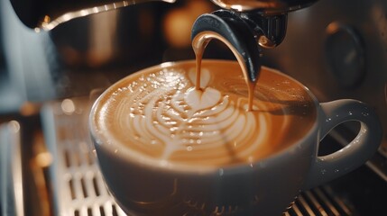 Closeup of a cup of coffee latte art make by professional barista with espresso and steamed milk in...