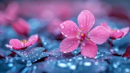  a close up of a pink flower with drops of water on the petals and on the leaves of the plant.