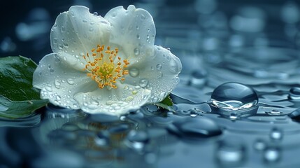  a white flower sitting on top of a blue surface with water droplets on the surface and a green leaf sticking out of the center of the flower. - obrazy, fototapety, plakaty