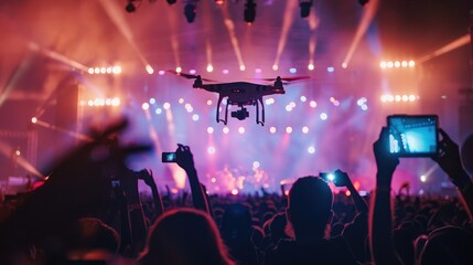 Drone silhouette flying above live concert and shooting photo and video of music festival.