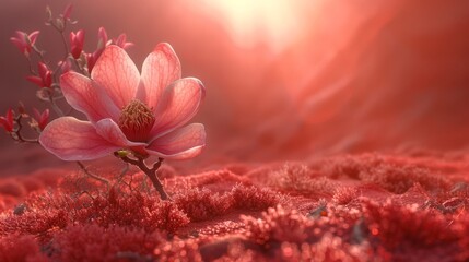  a close up of a pink flower in a field of red grass with the sun shining through the clouds in the background.